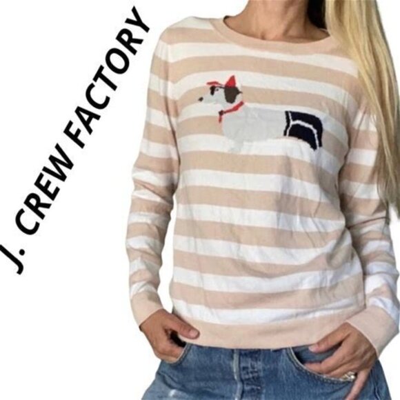 J. CREW DACSHSHUND STRIPE PULLOVER SWEATER PINK/WHITE SIZE SMALL - Picture 1 of 9
